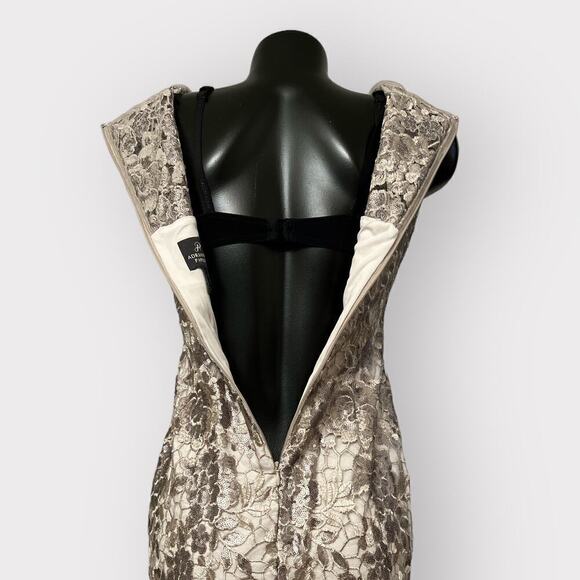 Adrianna Papell Formal Lace Sheath Dress Womens sz 2 Floral Sequin Golden Gown - Picture 10 of 14
